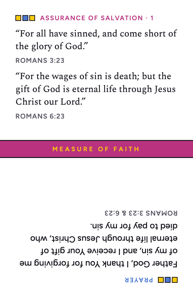 Card 1: Romans 3:23 and 6:23, with prayer