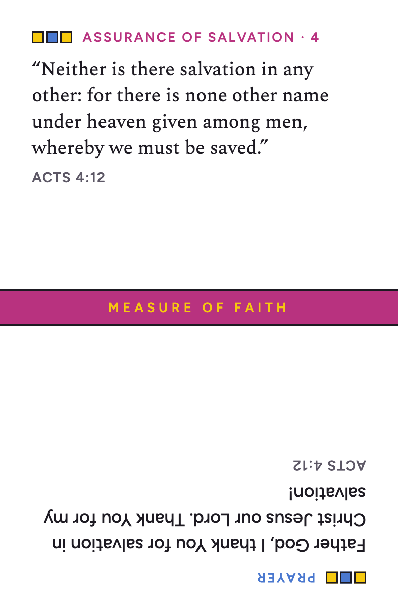 Card 4: Acts 4:12, with prayer